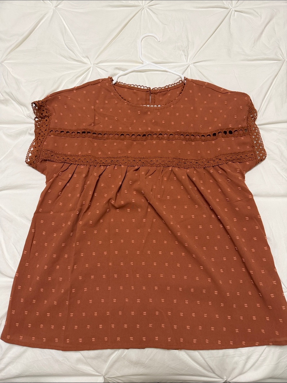 Rust Orange Lace Accent Swiss Dot Top